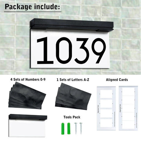 Package contents for Solar Powered Outdoor Address Sign With Waterproof LED Illumination 6000K Daylight White House Numbers Plaque Auto On At Night Easy Install Long Lasting 2000mAh Battery Keeps It Lit For 40 Plus Hours