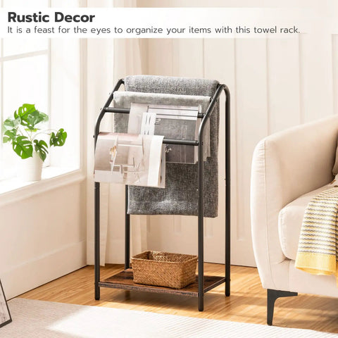 Freestanding 4 Tier Towel Rack And Blanket Display Stand For Bathroom Or Living Room, steel frame, rustic finish, 31.3 inch tall