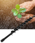 Pro Grade Earth Auger With Carbon Steel Shaft For Faster Planting And Digging next to hands planting seedling in soil.