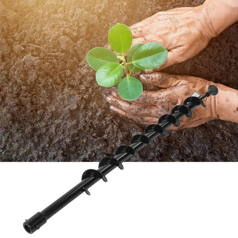 Pro Grade Earth Auger With Carbon Steel Shaft For Faster Planting And Digging next to hands planting seedling in soil.