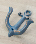 Vintage Rustic Cast Iron Nautical Anchor Wall Hooks Built Tough Real Heavy Duty Coat And Bath Towel Hanger With Quick Install Screws For Household Spaces, sky blue finish, close-up view.