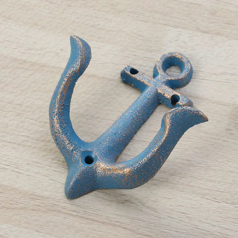 Vintage Rustic Cast Iron Nautical Anchor Wall Hooks Built Tough Real Heavy Duty Coat And Bath Towel Hanger With Quick Install Screws For Household Spaces, sky blue finish, close-up view.
