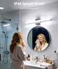 Woman using 24 Inch Vanity Light Bar Over Mirror LED Daylight 6000K Chrome Bathroom Fixture for Makeup And Grooming