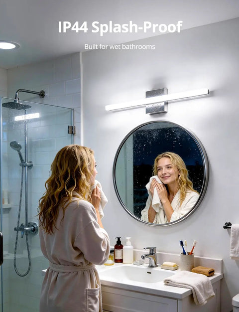 Woman using 24 Inch Vanity Light Bar Over Mirror LED Daylight 6000K Chrome Bathroom Fixture for Makeup And Grooming