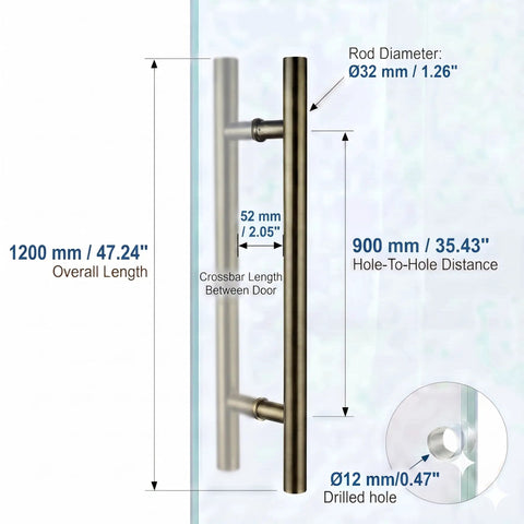 Heavy Duty 47 Inch Push Pull Door Handle In Antique Bronze, Real SUS 304 Stainless Steel With Solid Standoffs For Front Doors, Barn Doors, And Glass Shower Doors, Built Tough, Easy Install, Built To Last. 1200mm handle with 900mm hole spacing on glass door