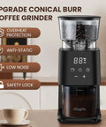 Ollygrin Electric Conical Burr Coffee Grinder With 30 Precise Grind Settings For Espresso Drip And French Press Compact Burr Mill in sleek black finish.