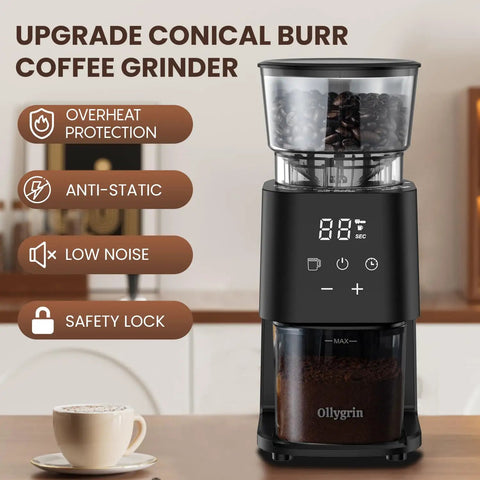 Ollygrin Electric Conical Burr Coffee Grinder With 30 Precise Grind Settings For Espresso Drip And French Press Compact Burr Mill in sleek black finish.