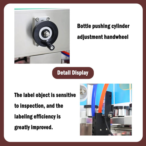 Straight Up Desktop Auto Labeler Fits Round Square Hex Bottles Processes 15 To 60 Containers Per Minute with adjustment handwheel detail.
