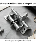 Automatic Concealed Self Closing Door Hinge With Heavy Duty Spring For Solid Wood Entryways, silver painted steel hinge with screw holes.