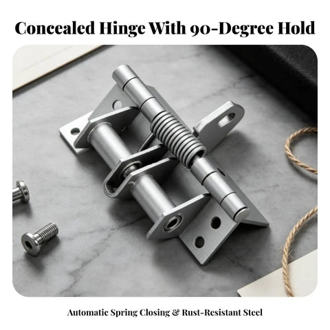 Automatic Concealed Self Closing Door Hinge With Heavy Duty Spring For Solid Wood Entryways, silver painted steel hinge with screw holes.