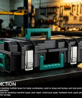 No Sweat Stackable Toolbox With Secure Latch And Custom Gear Sorting Tray Setup close-up view showcasing green handles and sturdy design.