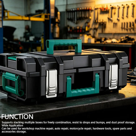 Heavy Duty Stackable Toolbox With Metal Clip And Easy Grip Top Handle For Modular Workshop Rig, black design with green handle.
