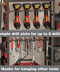 Heavy Duty Power Tool Organizer Cart With Charging Station On Wheels 8 Outlets And 8 Slots Cordless Drill Holder With Drawers Rolling Garage Organizer For Men Powerful Mobile Workshop Storage Solution, showing drill and tool slots.