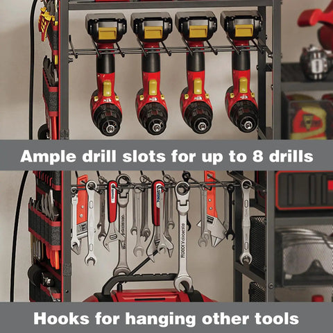 Heavy Duty Power Tool Organizer Cart With Charging Station On Wheels 8 Outlets And 8 Slots Cordless Drill Holder With Drawers Rolling Garage Organizer For Men Powerful Mobile Workshop Storage Solution, showing drill and tool slots.