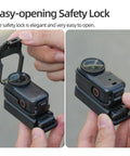 Close-up of magnetic mount stand for Osmo Nano camera with open and closed easy-opening safety lock.