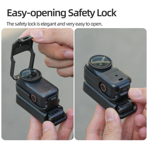 Close-up of magnetic mount stand for Osmo Nano camera with open and closed easy-opening safety lock.