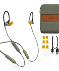 Rumble Bluetooth Earplug Earbuds With 27 dB Noise Reduction, IP67 Waterproof, 20 Hour Battery, Noise Cancelling Mic displayed with accessories