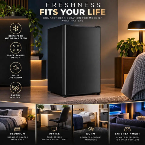 Kickin Compact 3.2 Cubic Foot Upright Freezer Solid Black Design in living space with plants and lighting.