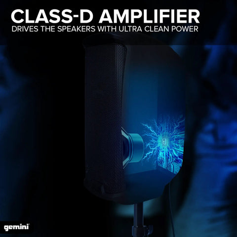 8 Inch Powered PA Speaker With 300 Watts, Ultra Portable 11-lb showing Class-D amplifier technology