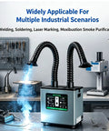 Heavy Lift Dual Station Solder Fume Extractor With Four Stage Air Filtration And Quiet Brushless Motor Built With Two Bendable Gooseneck Ducts For Sharp Laser Etching And Garage Hobby Projects on workspace bench with smoke