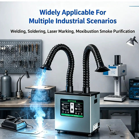 Heavy Lift Dual Station Solder Fume Extractor With Four Stage Air Filtration And Quiet Brushless Motor Built With Two Bendable Gooseneck Ducts For Sharp Laser Etching And Garage Hobby Projects on workspace bench with smoke