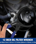 Hand using 12-inch oil filter wrench on car engine, fits 2-3/8 to 4-1/2 inch filters, shown in use on vehicle.