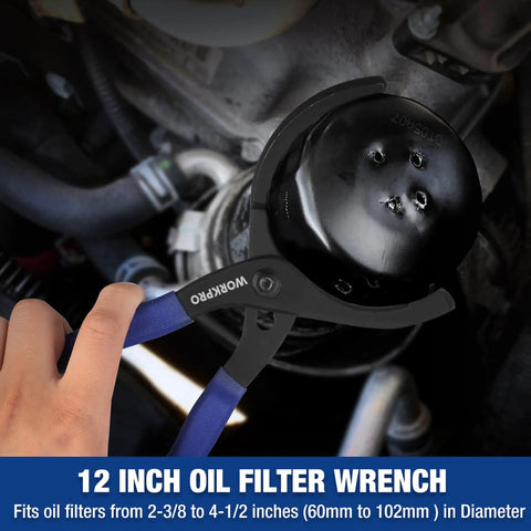 Hand using 12-inch oil filter wrench on car engine, fits 2-3/8 to 4-1/2 inch filters, shown in use on vehicle.
