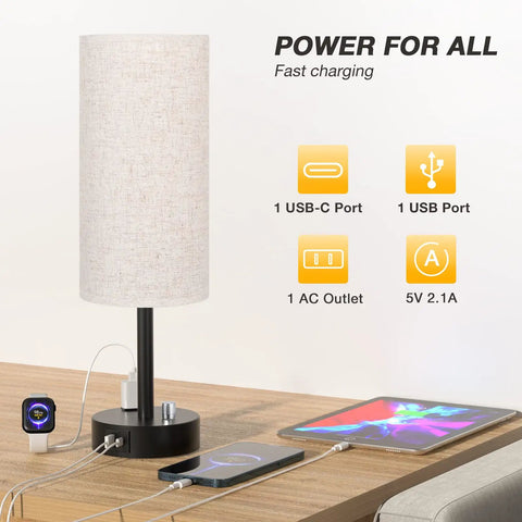 Set Of 2 Fully Dimmable Bedside Lamps With USB C Charging Port And Built In USB Ports And Outlets, beige shade on black base