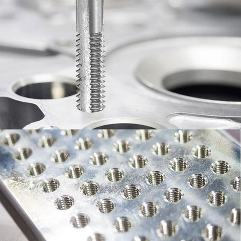 Tap And Drill Bit Set With 2 Taps And 2 Drill Bits 10 24 UNC Straight Flute Threads And 3 8mm Drills High Speed Steel 6542 M2 And M35 Cobalt Uncoated Yellow Finish Tapping Tool Kit shown in use on metal surface.