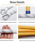 Close-up of 16 Foot Fire Escape Rope Ladder For 2 To 3 Story Homes Emergency Escape With Quick Deploy, hooks, and rope details