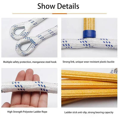 Close-up of 16 Foot Fire Escape Rope Ladder For 2 To 3 Story Homes Emergency Escape With Quick Deploy, hooks, and rope details