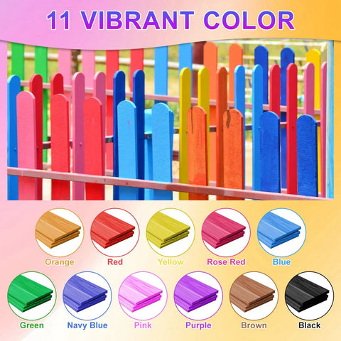 Colorful wood fence with 11 vibrant colors including navy blue and rose red, showcasing concentrated wood dye options for DIY projects.