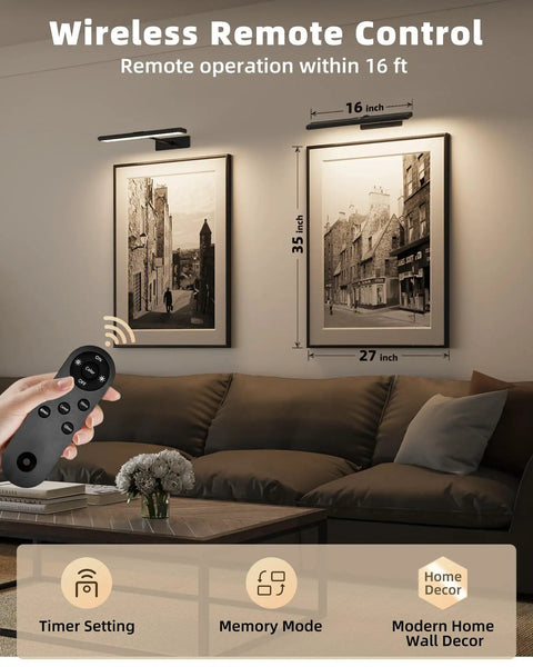 Slick Wireless Picture Light Featuring A Solid 4800mAh Battery And Strong Magnetic Mount With Ir Remote For Smooth Gallery Vibes And Dope Living Room Wall Lighting Upgrades above framed art in living room.