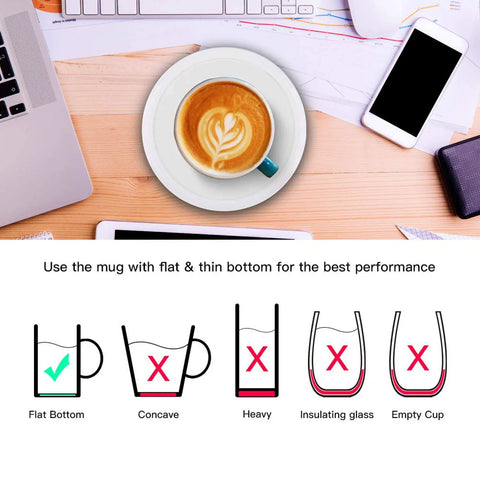 Smart Automatic Mug Warmer With Gravity Induction For Coffee And Tea Keeps Beverages Smooth And Hot All Day Office Desk Essential with a latte art mug on a desk.