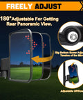 LED Turn Signal Side Mirrors for Golf Carts with 7x5 Inch Glass showing 180-degree adjustable feature for panoramic rear view.