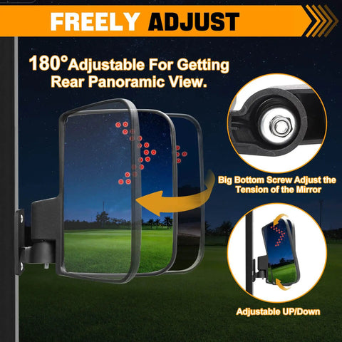 LED Turn Signal Side Mirrors for Golf Carts with 7x5 Inch Glass showing 180-degree adjustable feature for panoramic rear view.