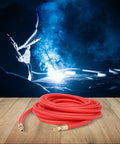 25 Foot SuperFlex TIG Torch Power Cable for CK9 CK17 Series Welders, visible coiled red cable, welding scene background.