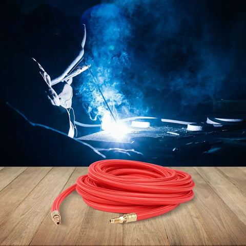25 Foot SuperFlex TIG Torch Power Cable for CK9 CK17 Series Welders, visible coiled red cable, welding scene background.