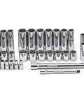 76 Piece Mechanics Tool Set With One Quarter Inch Drive And Three Eighths Inch Drives, 12 Point Standard And Deep Sockets