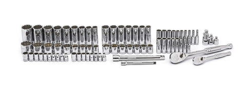 76 Piece Mechanics Tool Set With One Quarter Inch Drive And Three Eighths Inch Drives, 12 Point Standard And Deep Sockets