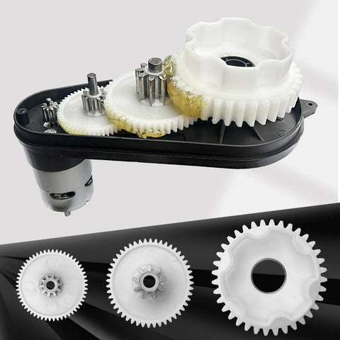 2 Pack RS555 High Torque Motor Gearbox Upgrade Kit for 18V 21V Ride On Toys showing gears and coupler