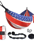 XL Beefy Double Camping Hammock With Tree Straps For Indoor And Outdoor Use Portable Gear That Holds Up To 500 Lbs Extra Large 125 In By 79 In Perfect For Two People And Weekend Chill Sessions, showing American flag design, straps, and carabiners.