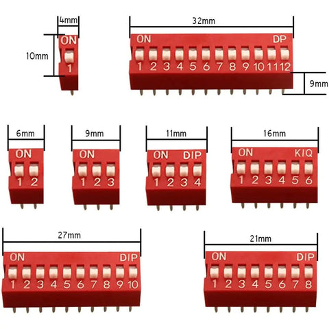 40 Piece Double Row Dip Switch Kit With 1 2 3 4 6 8 10 12 Positions, 2.54mm Pitch, red PCB mount switches with measurements