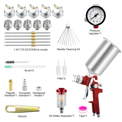 Garage Ready Hvlp Paint Sprayer Gun Kit With Five Precision Nozzles And Heavy Duty 1000Cc Cup showing sprayer components, nozzles, and tools.