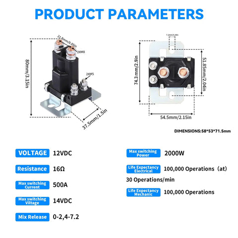 Keep Your Rig Fed With This Heavy Duty 80 Amp 12 Volt Battery Isolator Relay dimensions and electrical specs overview image.