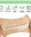 Extra Wide Honeycomb Packing Paper For Moving 15 By 131 Inches 80 GSM Eco Friendly Cushioning with hands showing stretchable kraft paper
