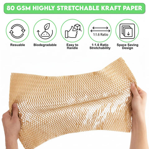 Extra Wide Honeycomb Packing Paper For Moving 15 By 131 Inches 80 GSM Eco Friendly Cushioning with hands showing stretchable kraft paper