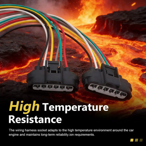 Front view of 2 Pack 6 Pin Throttle Body Pigtail Connector for TPS Sensor against high temperature backdrop, showcasing durability.