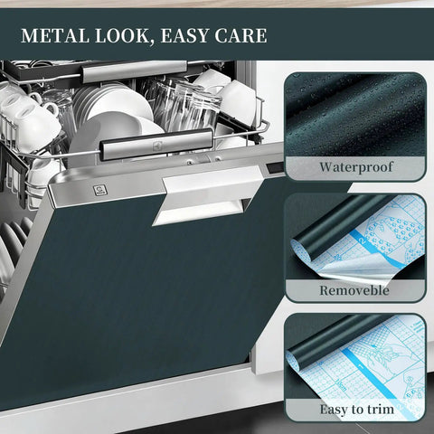 Stainless Steel Look Peel And Stick Contact Paper Dark Green Waterproof Metallic Wallpaper for Dishwasher Front