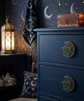 Top Shelf Hollow Moon And Star Cabinet Knobs Combined With Threaded Drawer Pulls For Instant Home Upgrade Plus Straight Up Slick Geometric Decor Hardware Set on a blue dresser.